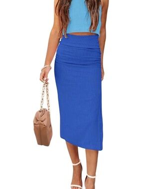 Ribbed Midi Pencil Skirt in Royal Blue